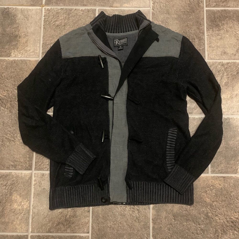 Retrofit Mens Sz M Mock Neck Sweater Full Zip Concealed Button Black Punk Rock